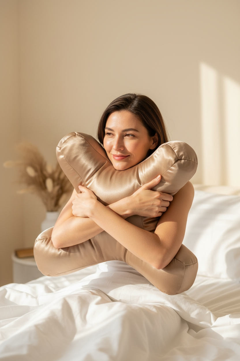 Hero mujer abrazando almohada antiarrugas
